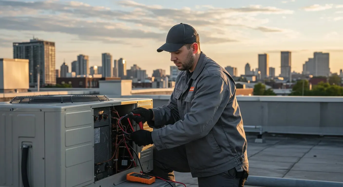 A rooftop technician in uniform uses a multimeter to check the wiring of a large AC unit, with a city skyline in the background.