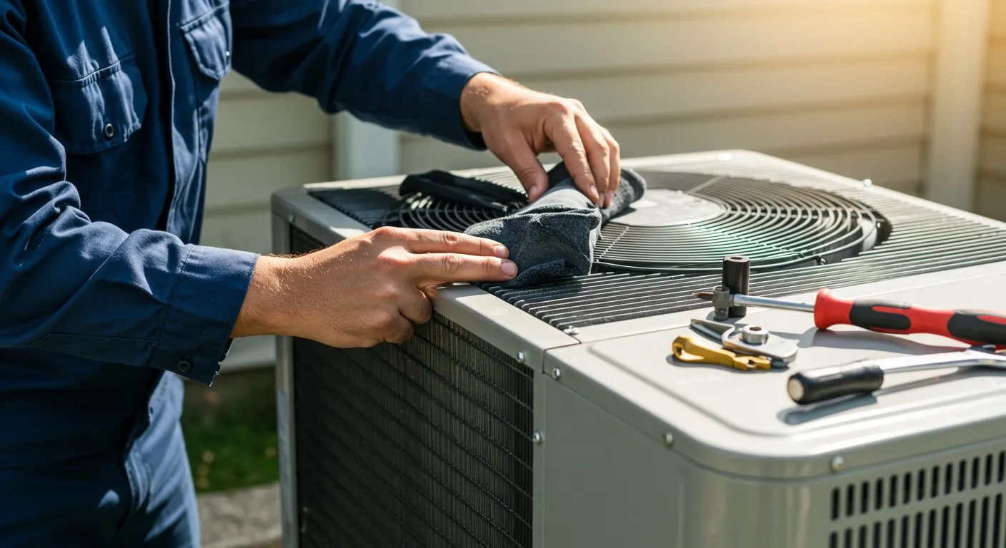Technician cleaning the heat pump condenser.
