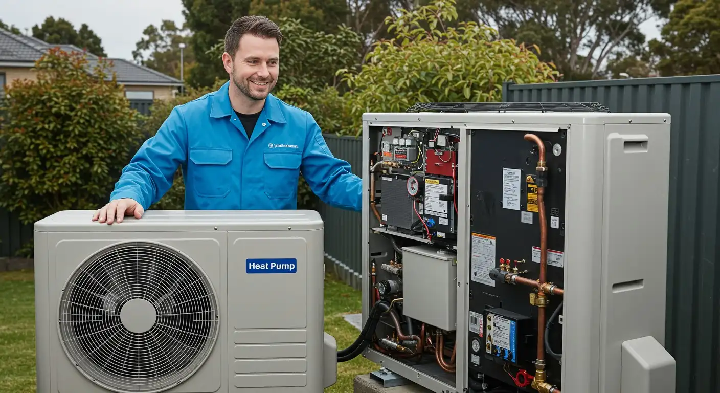 Technician with an open heat pump unit.