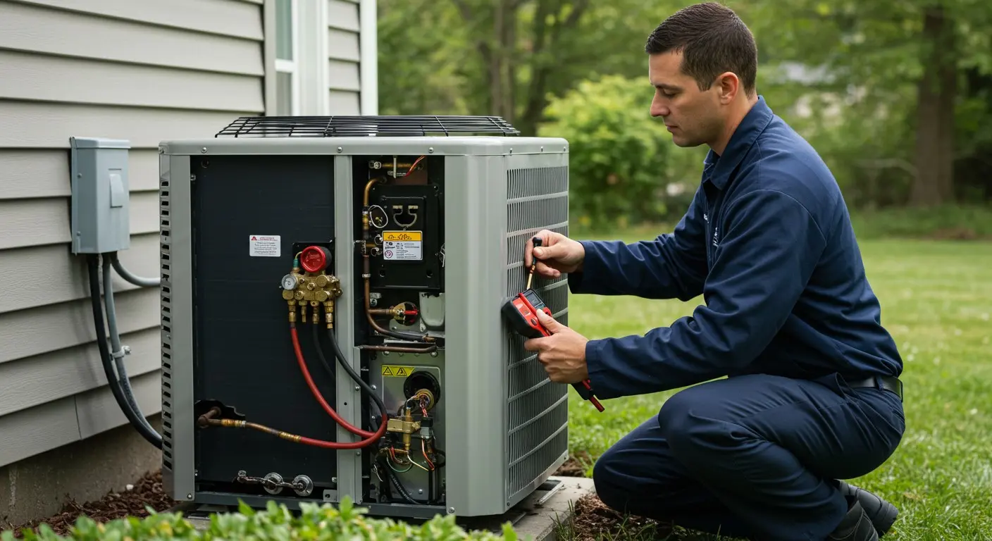 Technician troubleshooting an open HVAC unit.