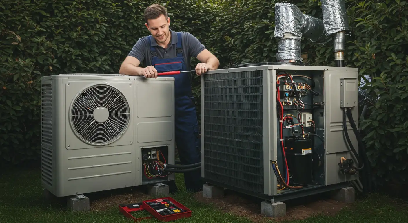 Technician servicing two outdoor HVAC units.