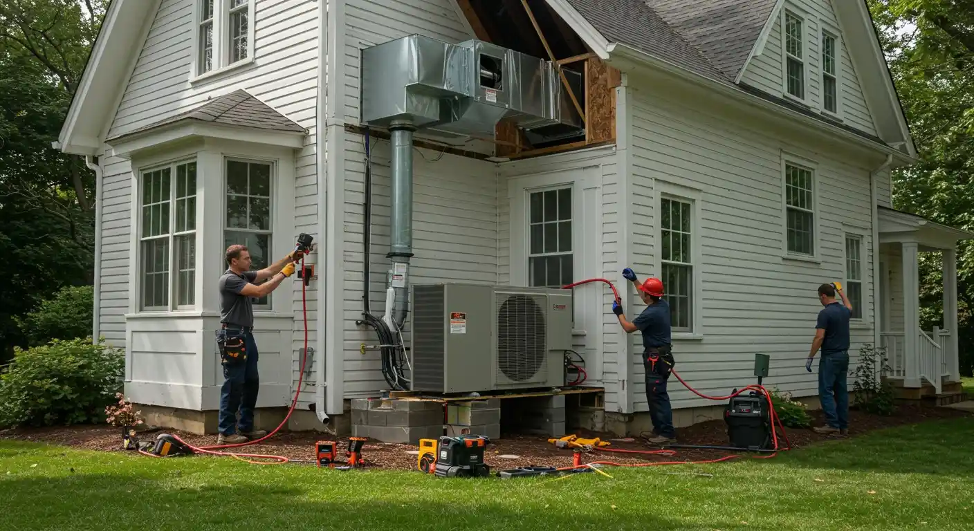 HVAC crew installing heat pump and ductwork.