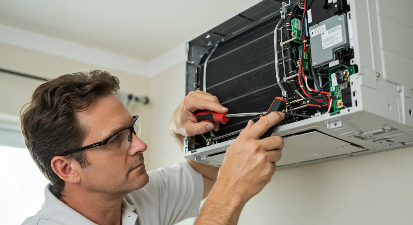 A male technician wearing glasses and a white shirt is using a screwdriver to adjust or repair the internal wiring and circuit board of a disassembled ductless mini-split indoor unit. The cooling coil is clearly visible in the foreground.