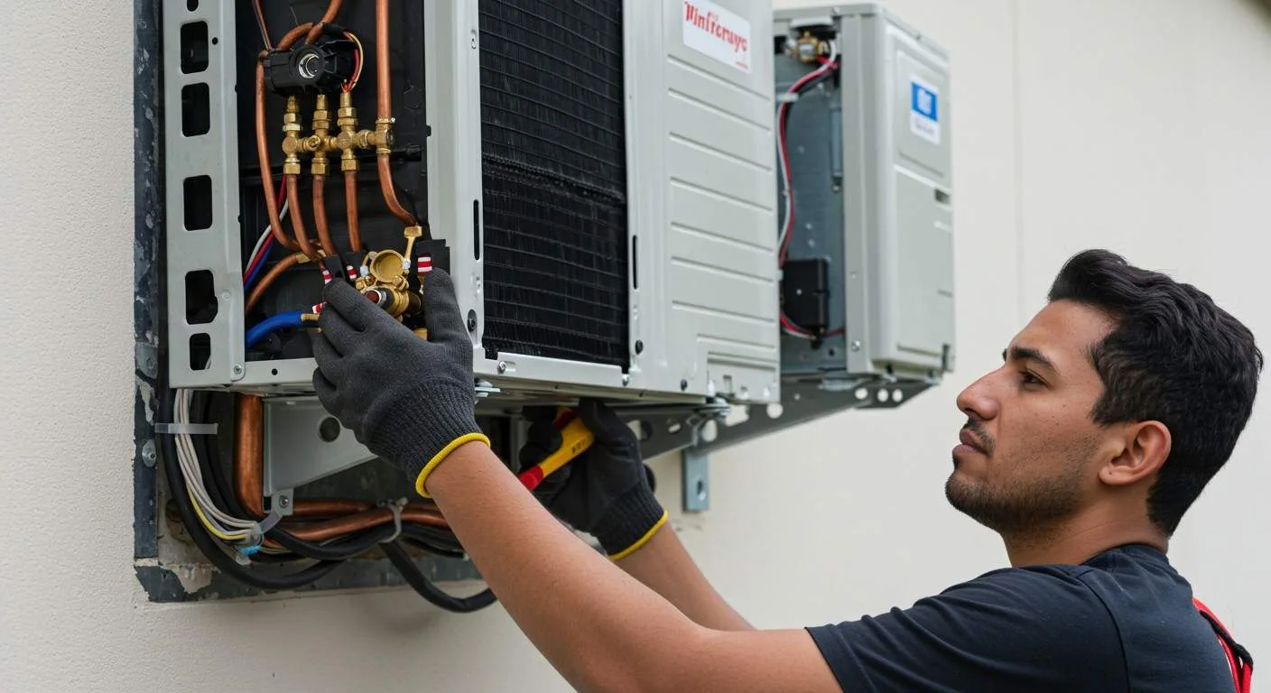 A focused male technician, wearing black gloves, is connecting or adjusting the electrical wiring and copper refrigerant lines on a disassembled ductless mini-split outdoor unit mounted on a building wall. A second unit is partially visible next to it.