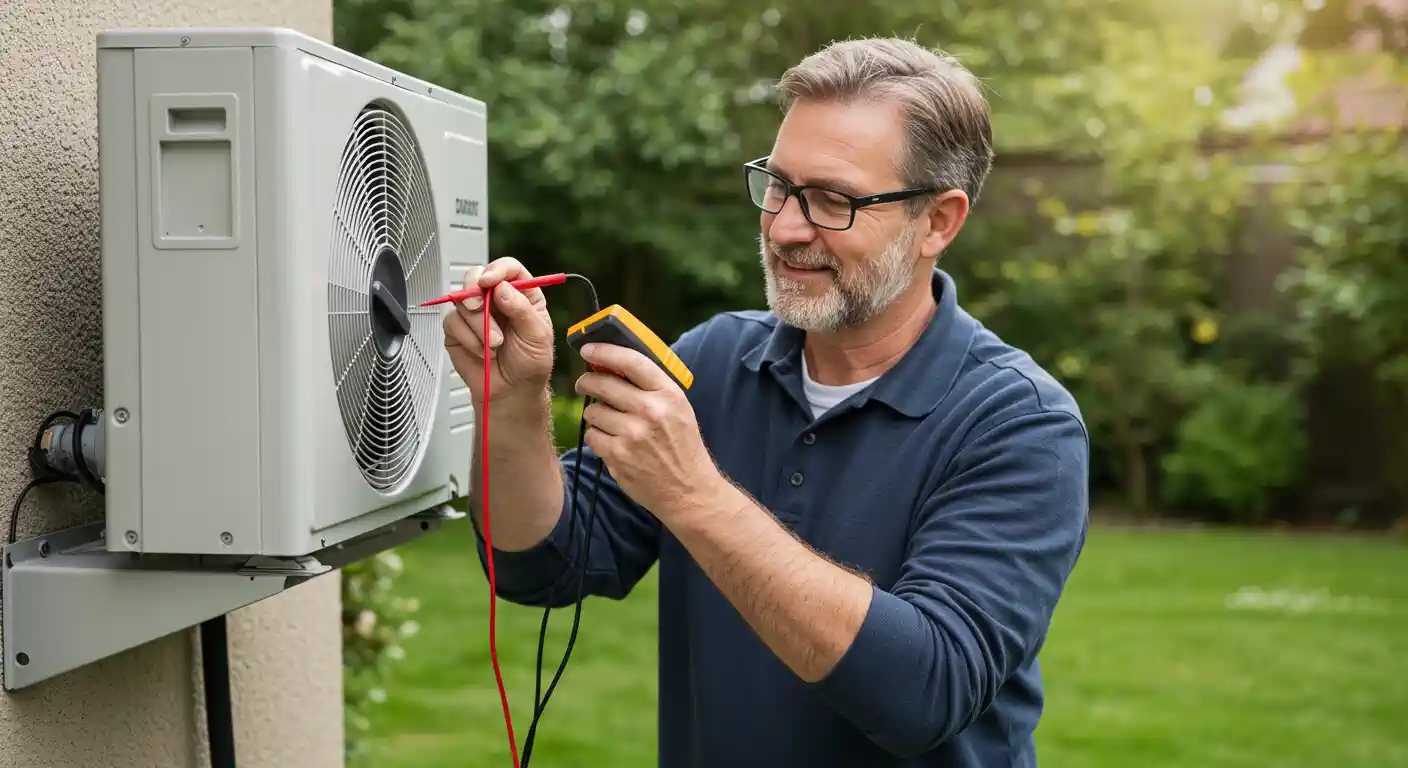 A smiling, bearded male technician wearing glasses and a dark blue polo shirt is using a yellow and black multimeter to take a reading near the fan of a ductless mini-split outdoor unit mounted on a bracket on an exterior wall, with a green yard in the background.