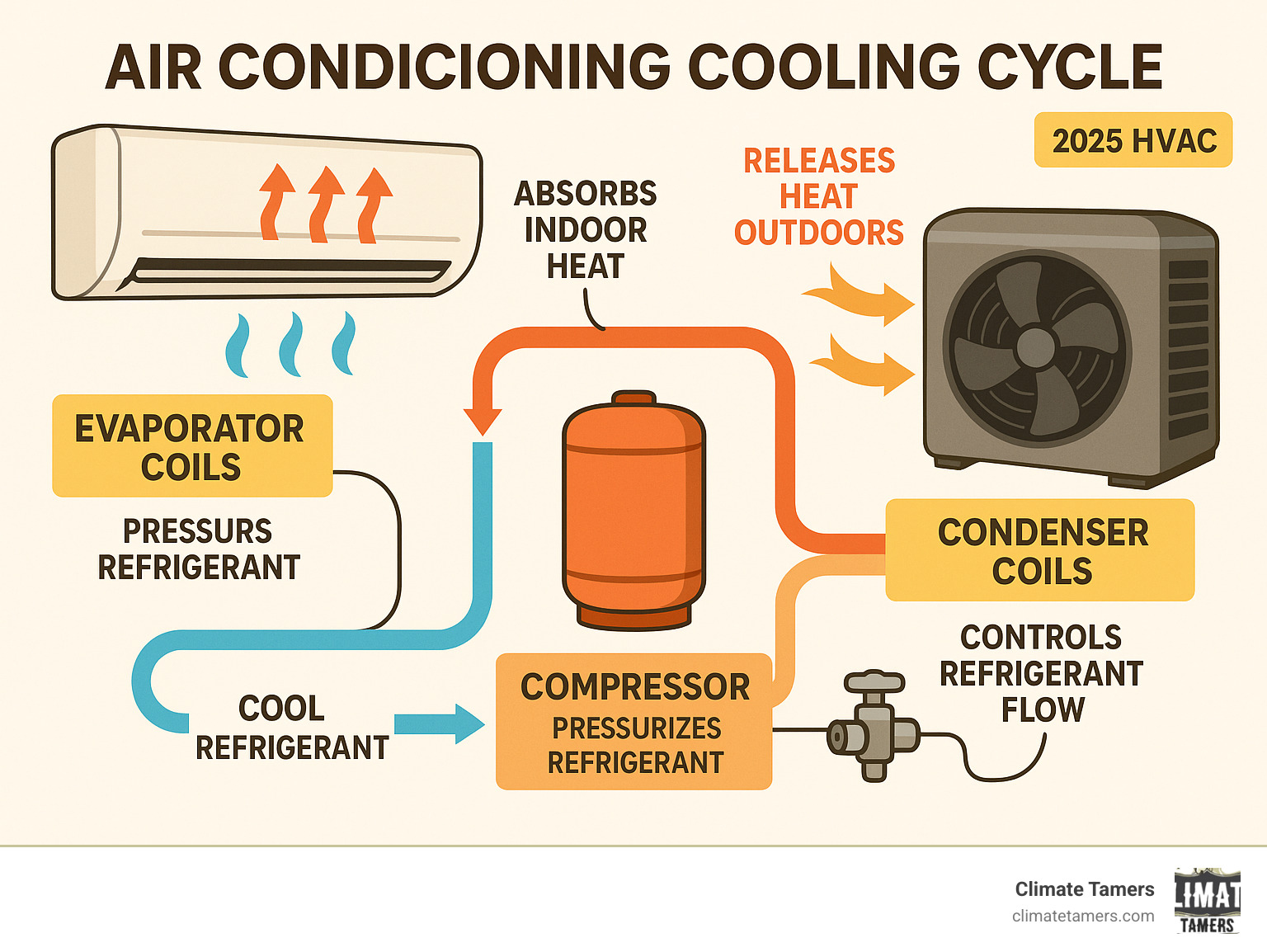 Detailed infographic showing the air conditioning cooling cycle with labeled components including evaporator coils absorbing indoor heat, compressor pressurizing refrigerant, condenser coils releasing heat outdoors, and expansion valve controlling refrigerant flow - AC blowing warm air infographic 