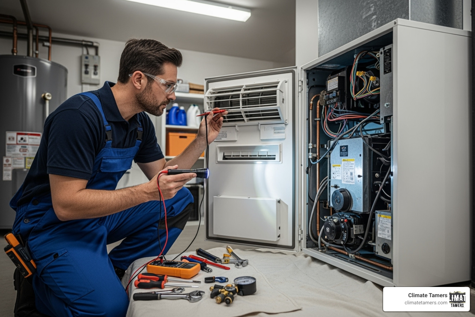 HVAC technician inspecting an indoor unit - AC blowing warm air