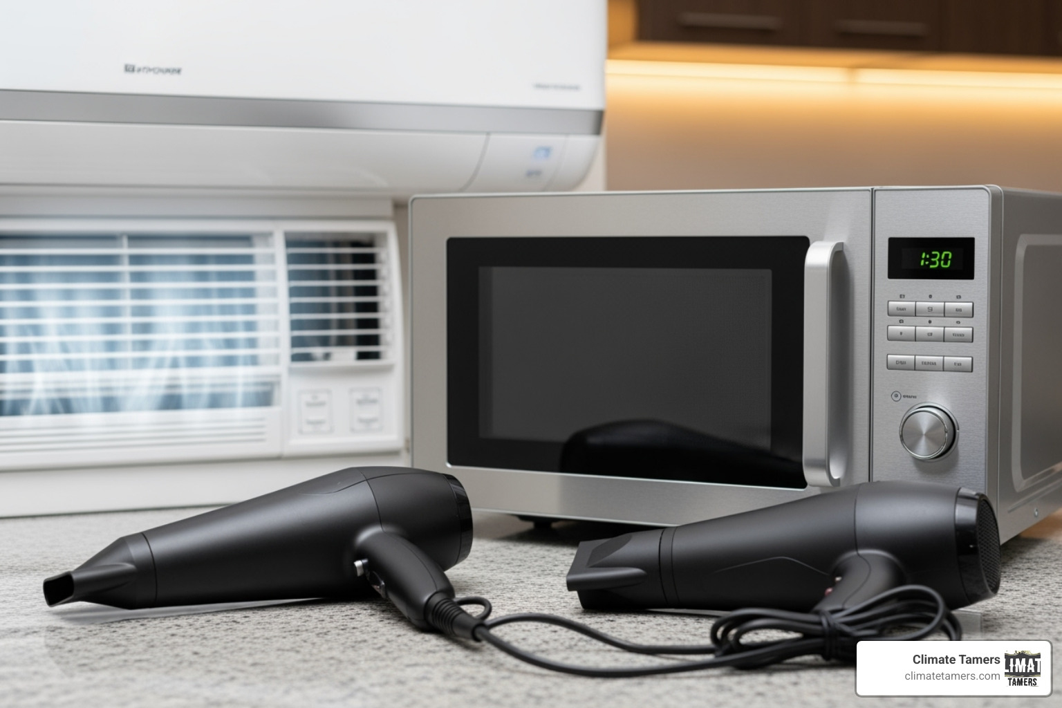 Various high-power household appliances like a microwave, AC unit, and hair dryer - Circuit breaker tripped