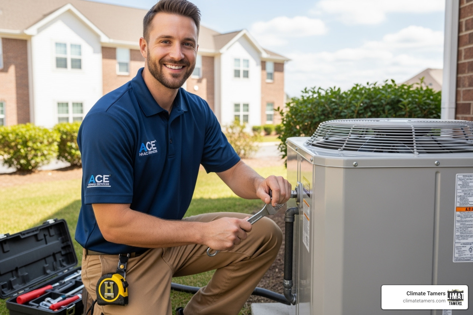 Friendly HVAC technician working on a heat pump - AC unit heat pump