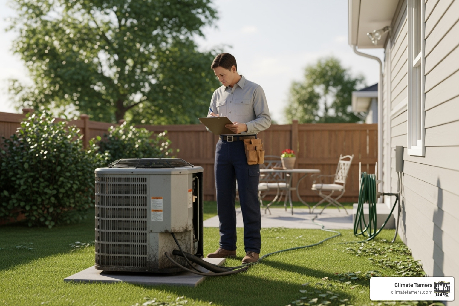 Technician inspecting an older HVAC unit with a checklist - HVAC repair Metairie LA
