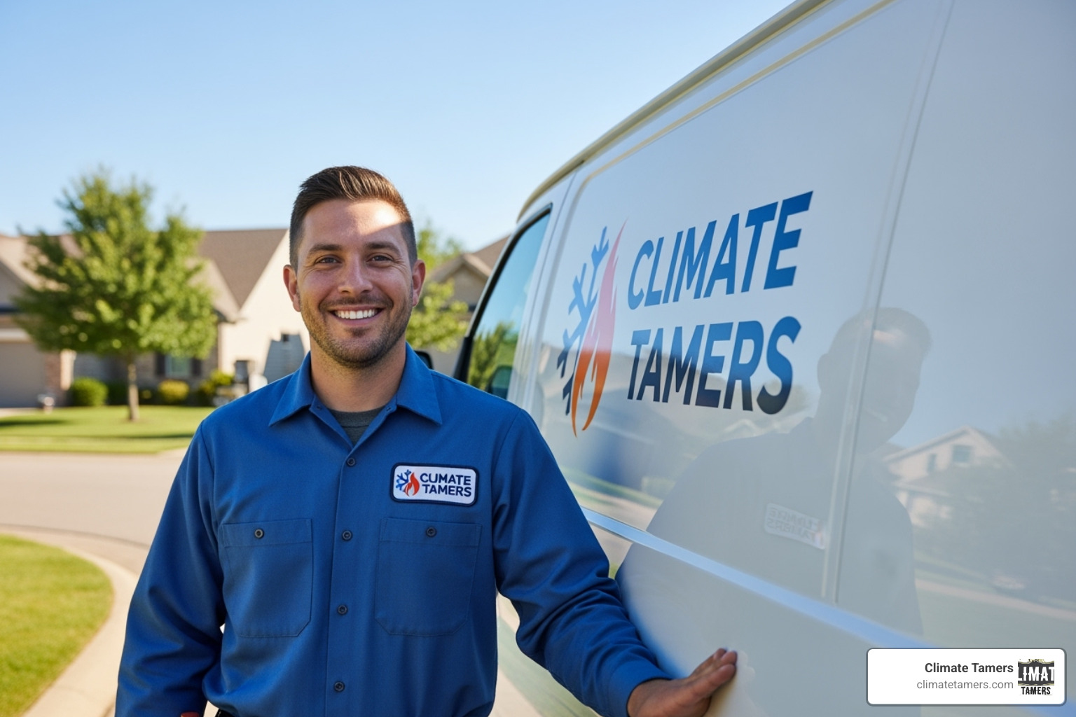 Friendly, uniformed HVAC technician smiling beside a Climate Tamers van - HVAC repair Metairie LA