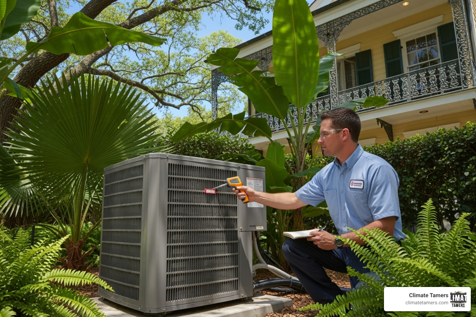 Technician inspecting an outdoor AC unit next to lush, tropical foliage in New Orleans - New Orleans AC service