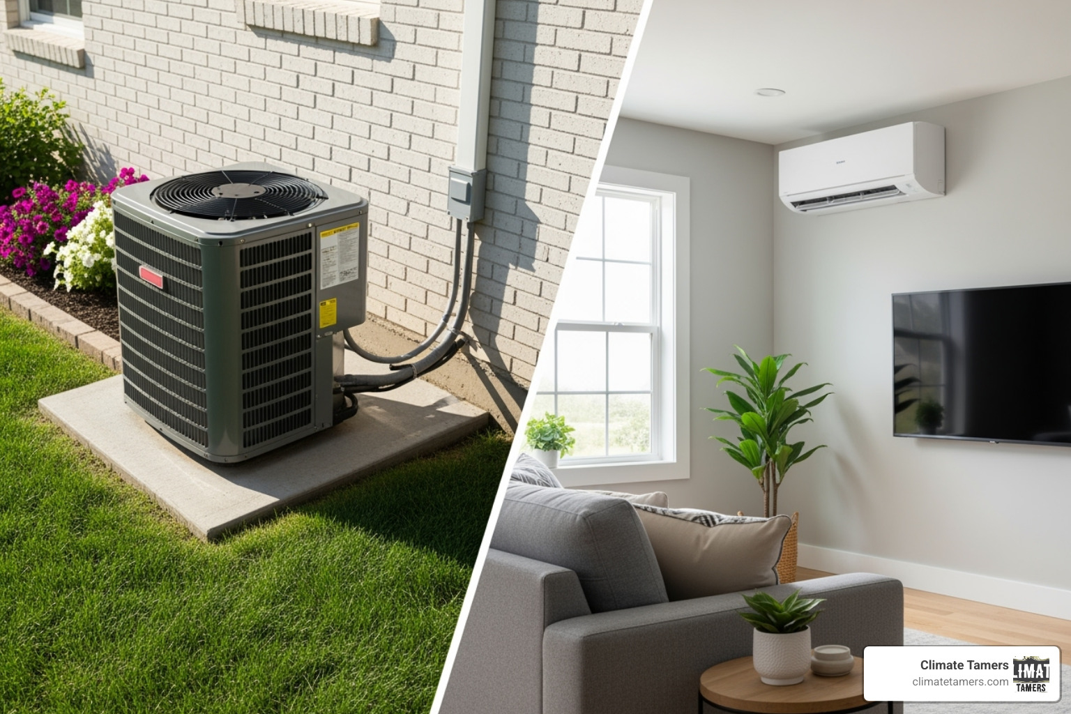 Different AC system types including a central unit and a ductless head - New Orleans AC service