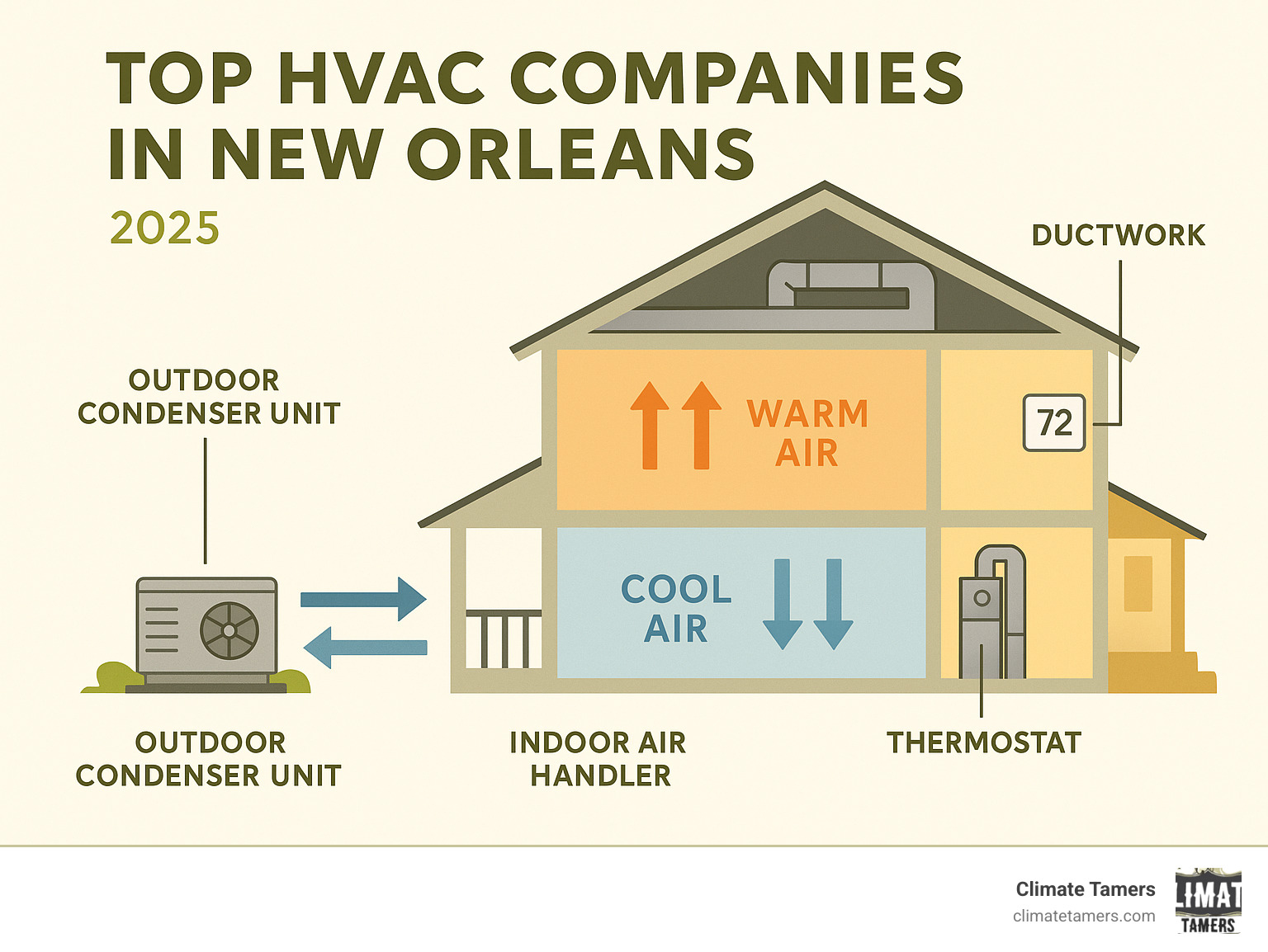 Infographic showing the basic components of an HVAC system including outdoor condenser unit, indoor air handler, ductwork distribution, and thermostat control, with arrows showing airflow patterns and temperature zones throughout a typical New Orleans home - top hvac companies in new orleans infographic 