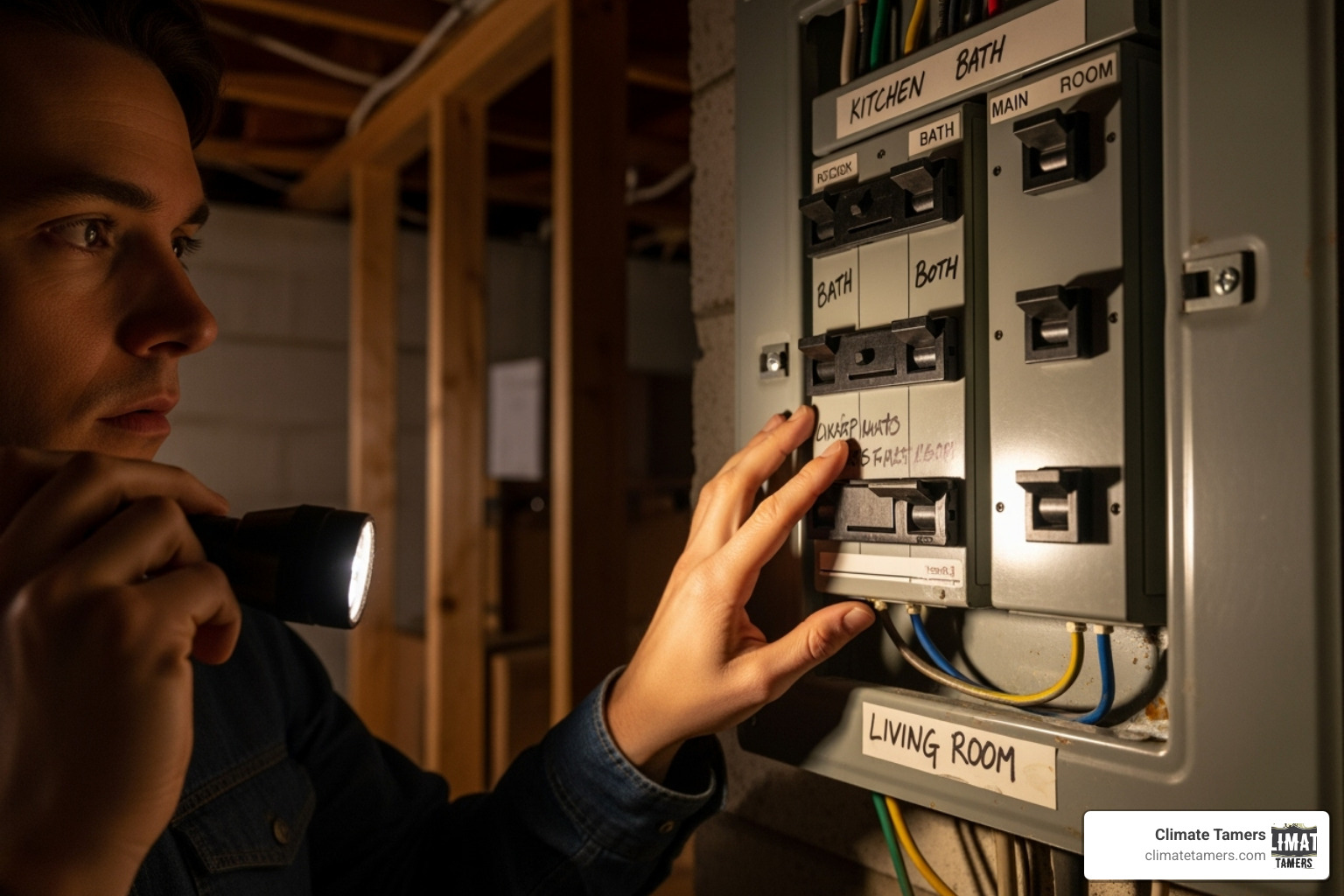 homeowner checking circuit breaker panel - heat pump not heating