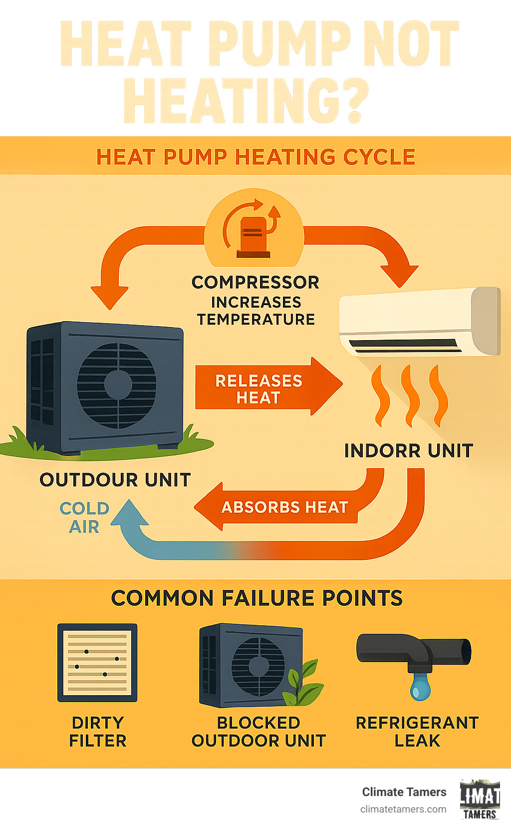Infographic showing heat pump heating cycle with outdoor unit absorbing heat from cold air, compressor increasing refrigerant temperature, and indoor unit releasing warm air into home, plus common failure points like dirty filters, blocked outdoor units, and refrigerant leaks - heat pump not heating infographic 