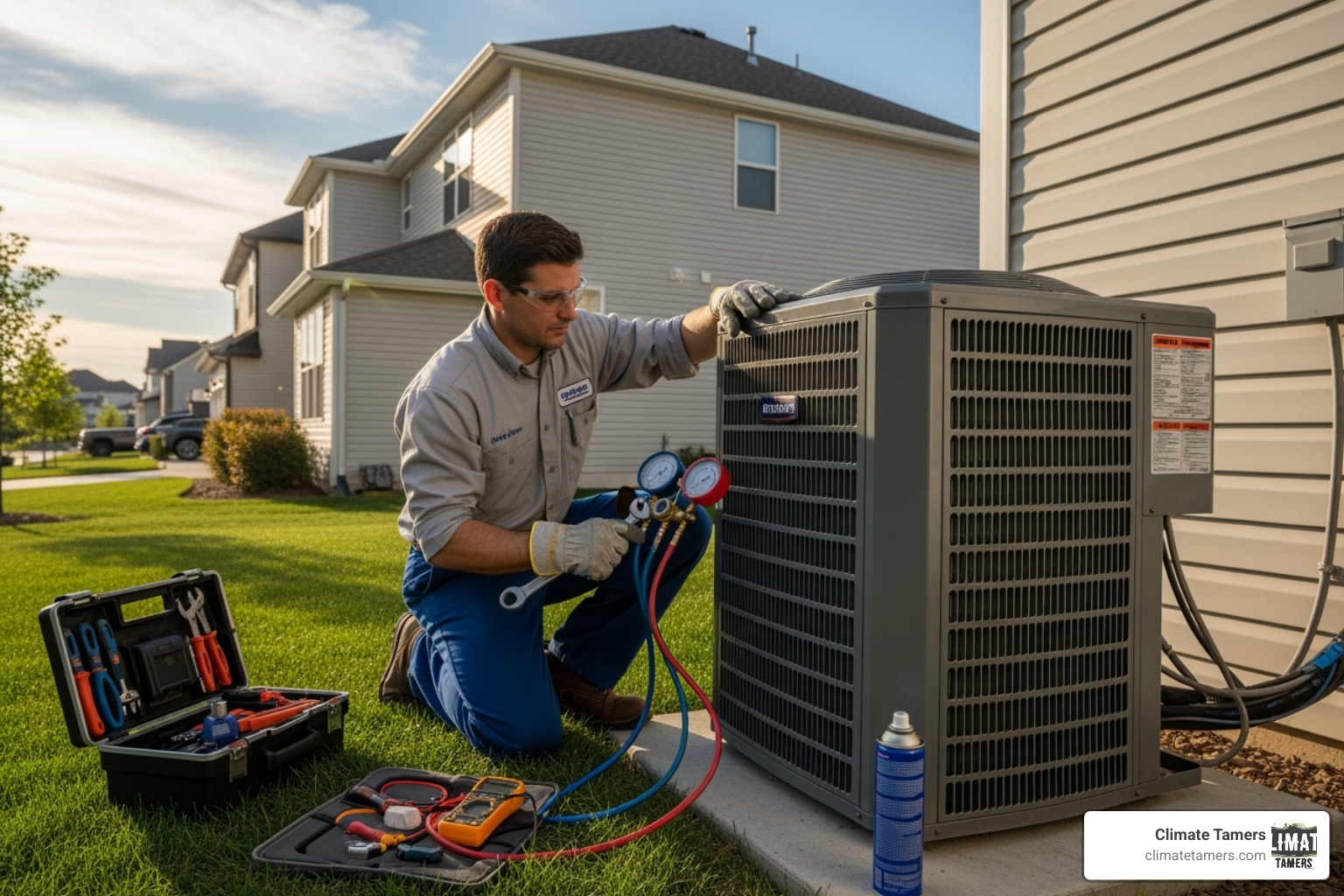 technician servicing an outdoor AC unit - top hvac companies in new orleans