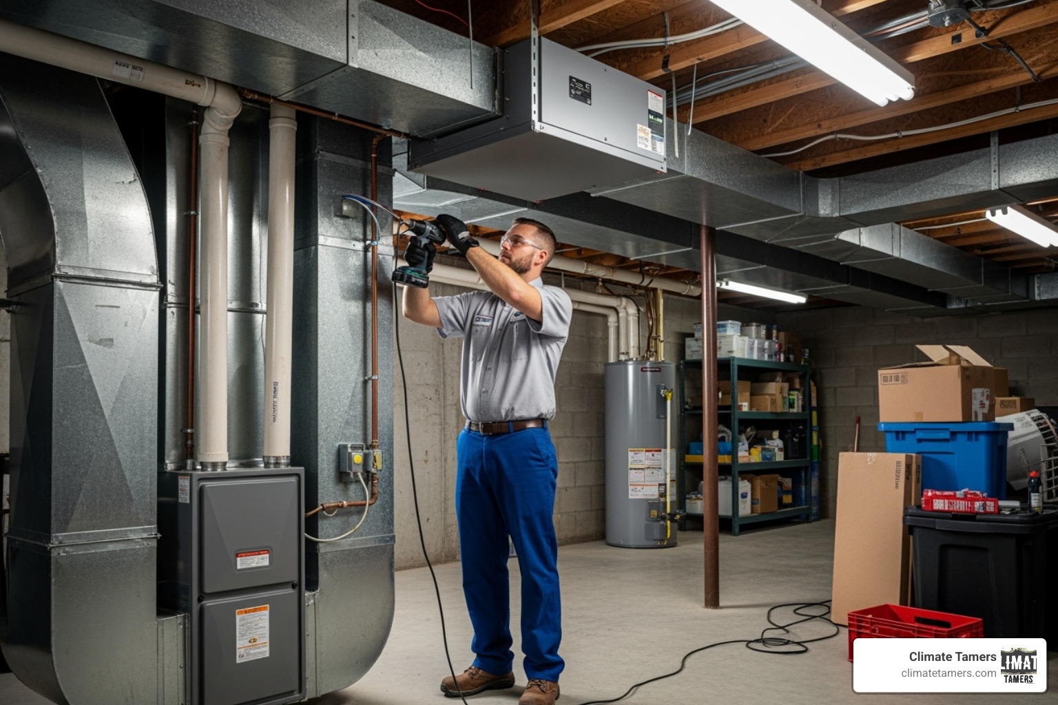 Image of a technician installing a whole-home air purifier - NOLA indoor air quality