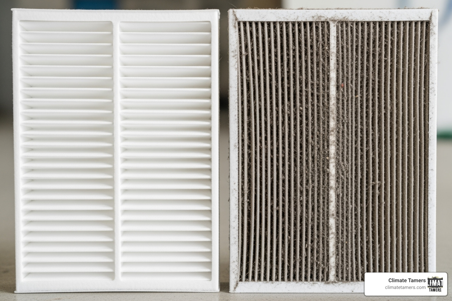 Image showing a clean HVAC air filter next to a dirty one - NOLA indoor air quality