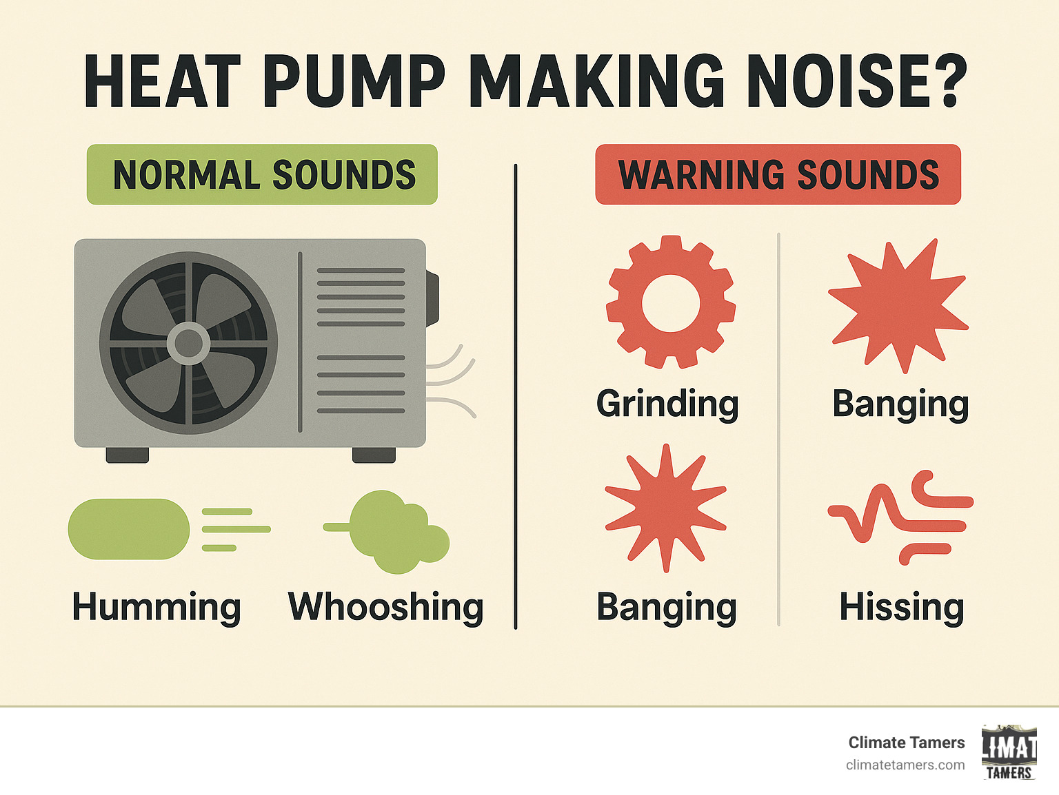 Infographic showing normal heat pump sounds versus warning sounds with visual indicators for humming, clicking, whooshing sounds as normal, and grinding, banging, hissing sounds as concerning warning signs - Heat pump making noise infographic 