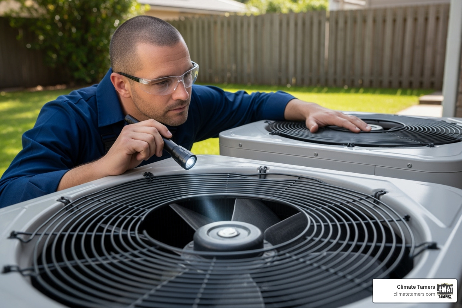 HVAC technician inspecting a heat pump's fan - Heat pump making noise