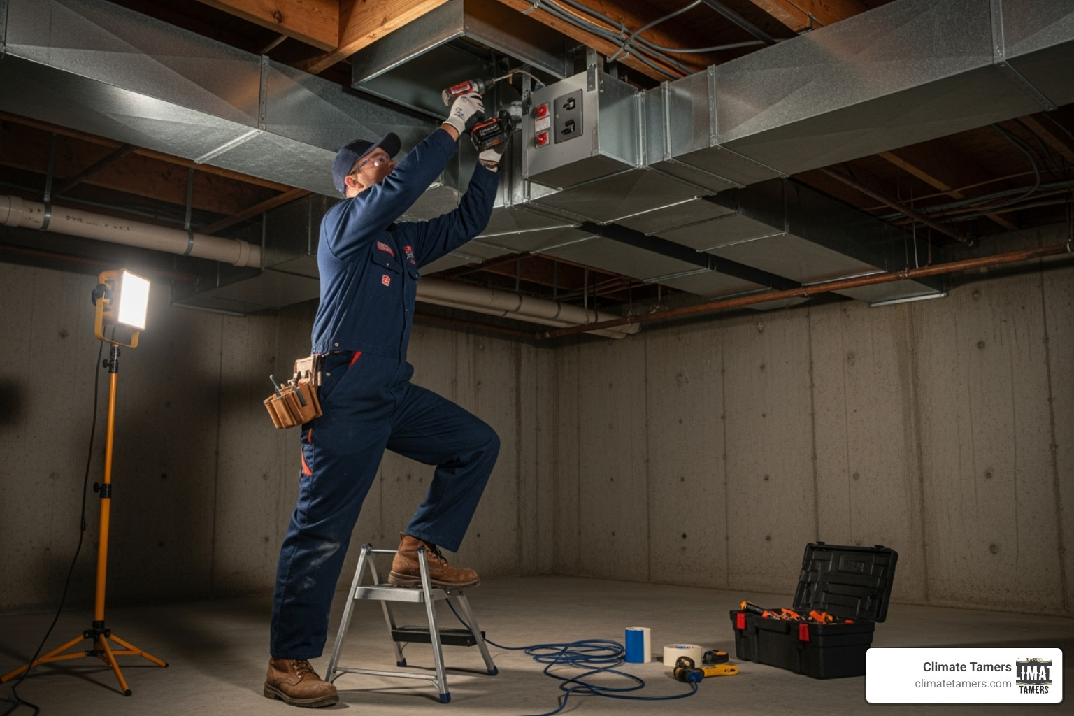 technician installing an air scrubber in ductwork - Air scrubber installation