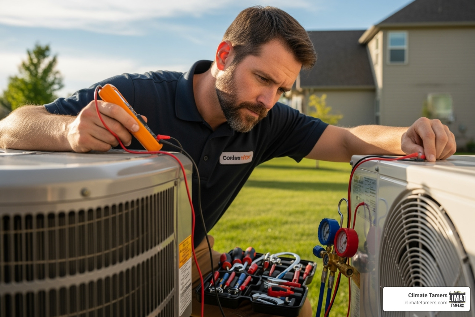 an HVAC technician inspecting an outdoor AC unit - HVAC service new orleans