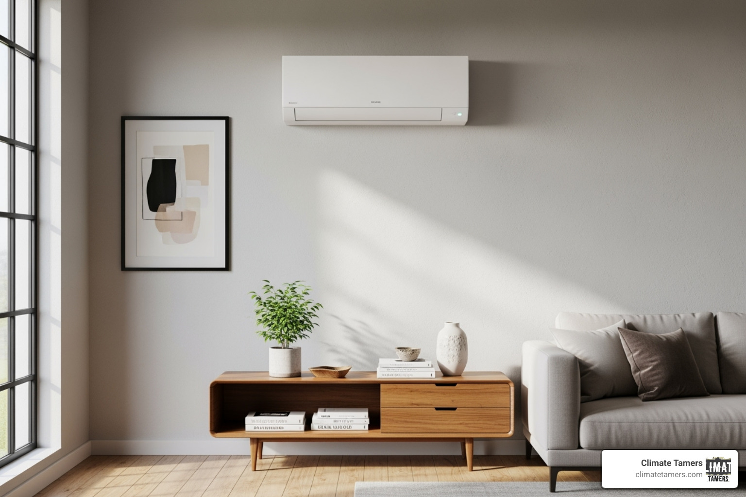 a ductless mini-split unit mounted on an interior wall - high efficiency heat pump