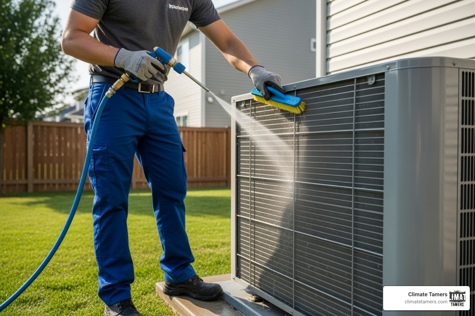 a technician cleaning a heat pump's outdoor coil - high efficiency heat pump