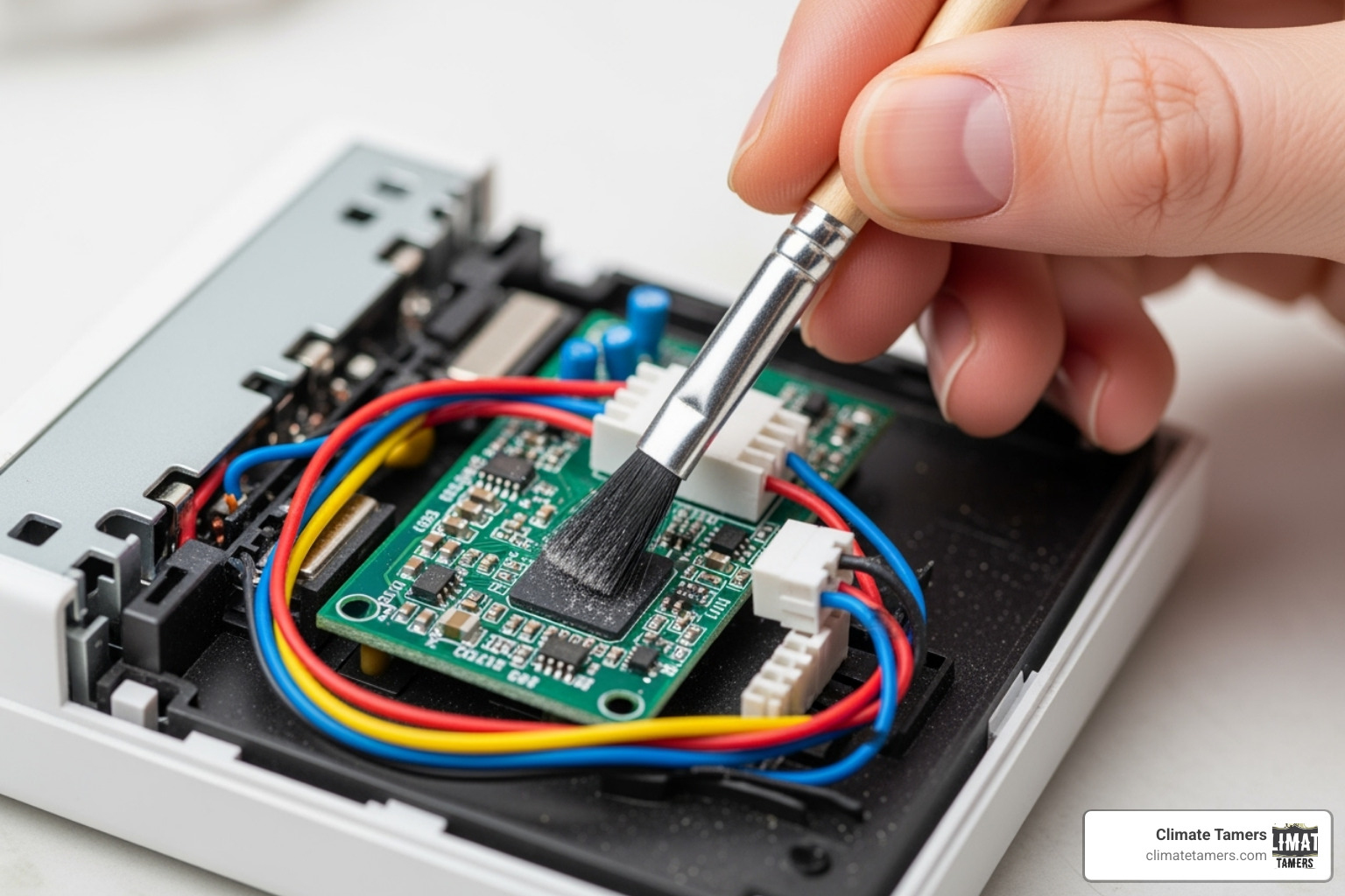 A hand gently cleaning a thermostat's interior with a soft brush - AC thermostat repair