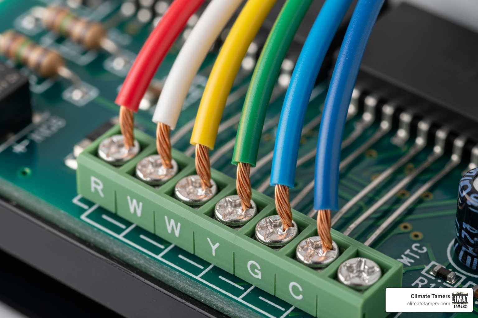Thermostat wiring with common terminals labeled (R, C, Y, G, W) - AC thermostat repair