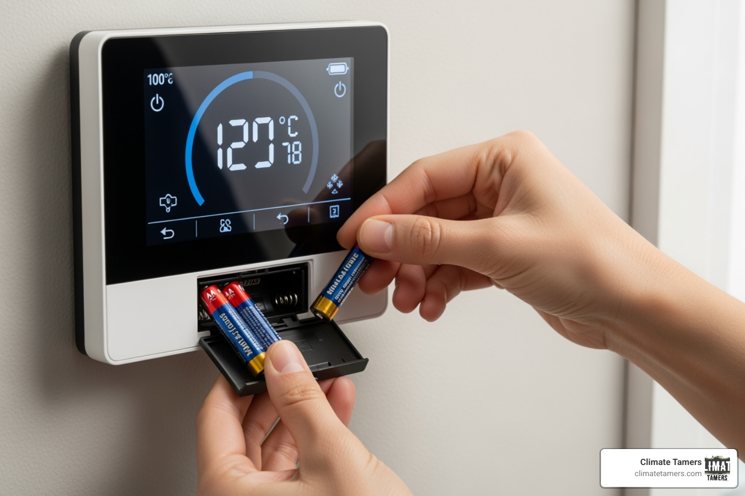 A person replacing batteries in a modern digital thermostat - AC thermostat repair