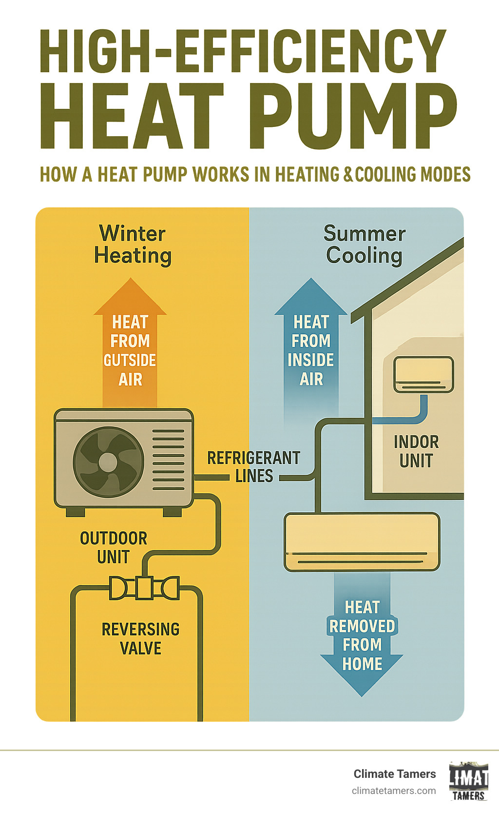 Infographic showing how a high-efficiency heat pump moves heat from outside air into the home during winter heating mode and removes heat from inside air during summer cooling mode, with labeled components including outdoor unit, indoor unit, refrigerant lines, and reversing valve - high efficiency heat pump infographic 