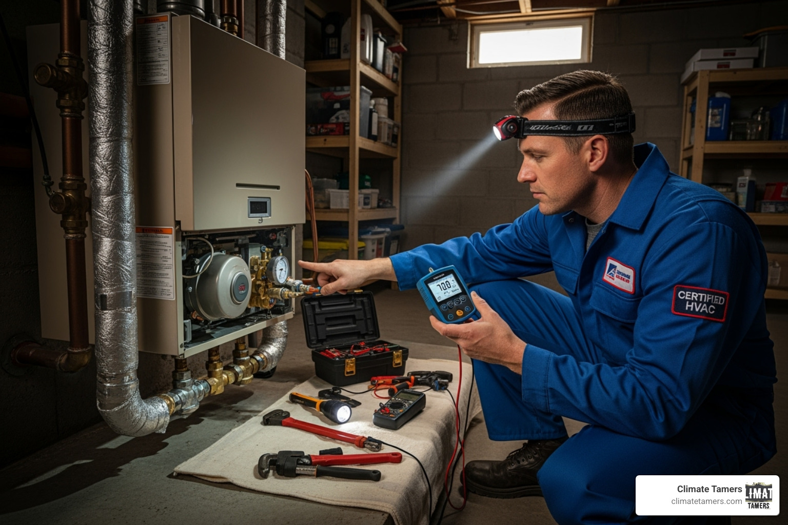 certified technician diagnosing a boiler issue with professional tools - boiler heater repair new orleans