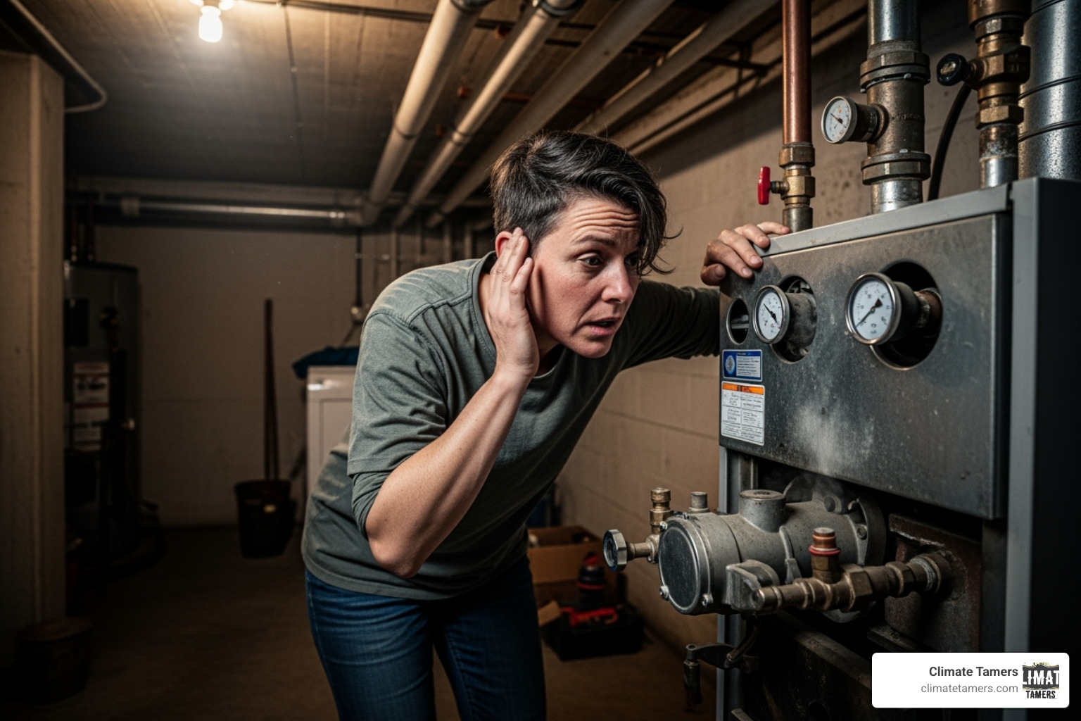 homeowner looking concerned at their noisy boiler - boiler heater repair new orleans