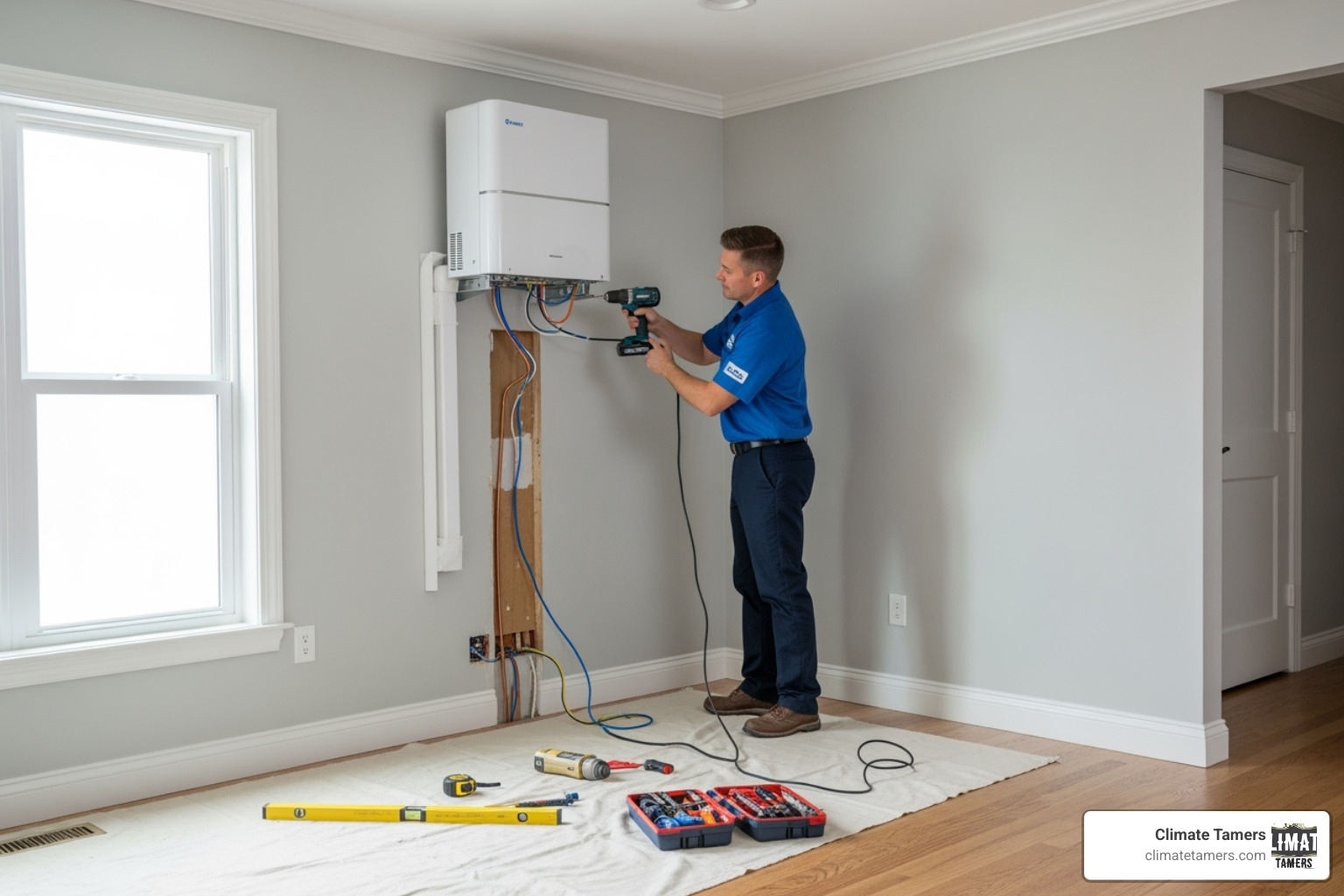 professional technician installing indoor unit - ductless mini split