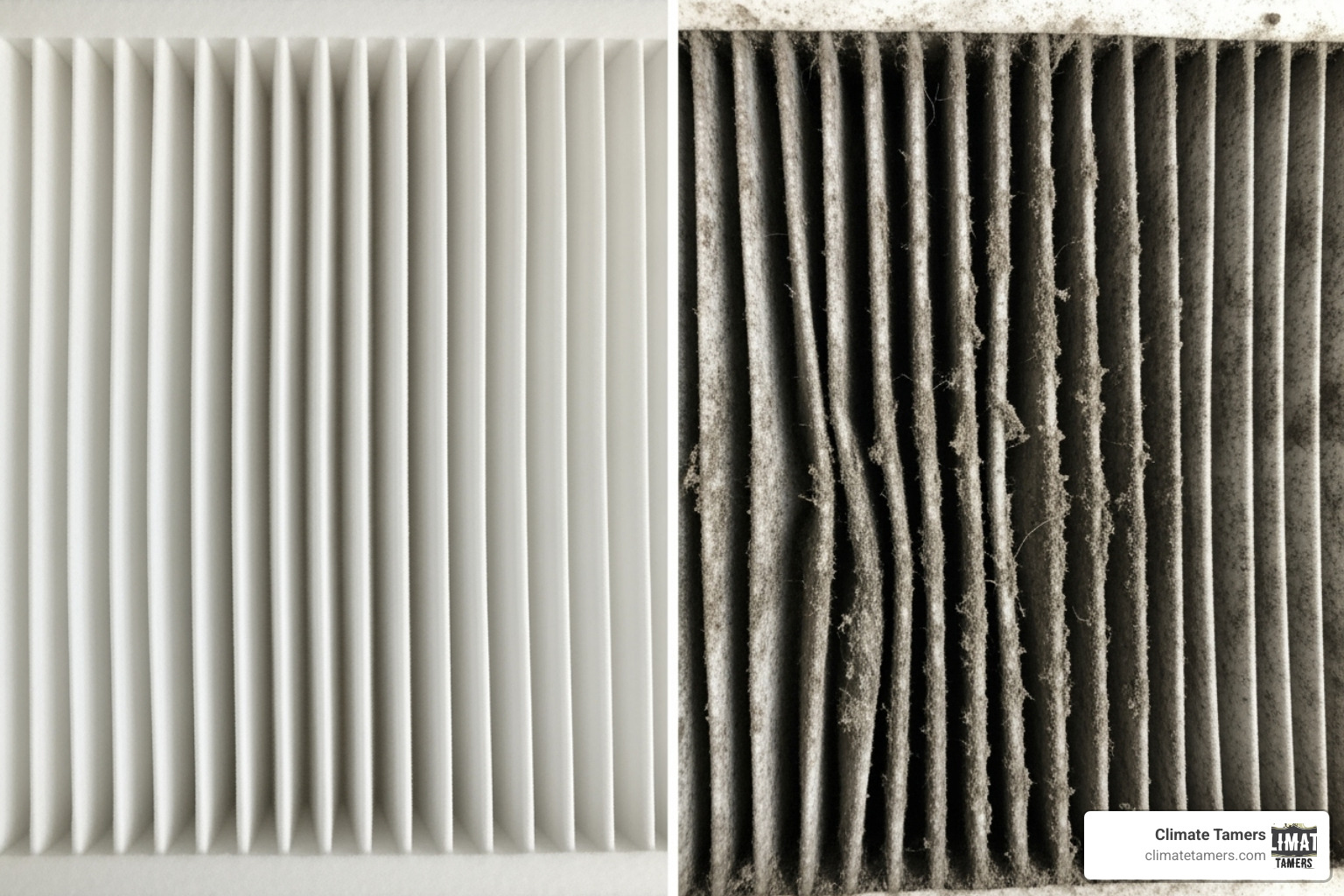 of a dirty, clogged air filter next to a clean one - hvac repair on weekends new orleans