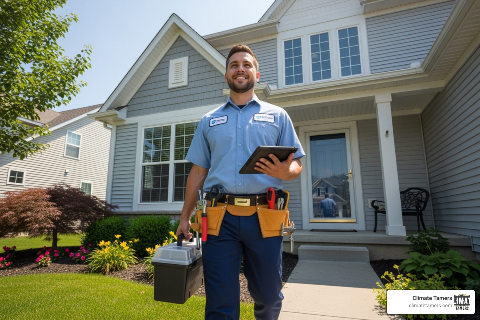 of a professional, friendly technician arriving at a home - hvac repair on weekends new orleans