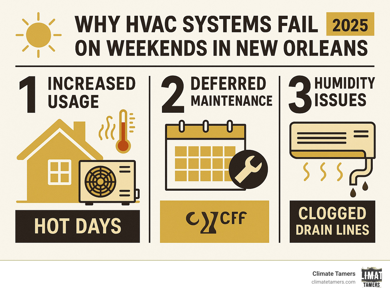 Infographic showing the top 3 reasons HVAC systems fail on weekends in New Orleans: increased usage during hot days, deferred maintenance catching up, and humidity-related issues like clogged drain lines - hvac repair on weekends new orleans infographic 