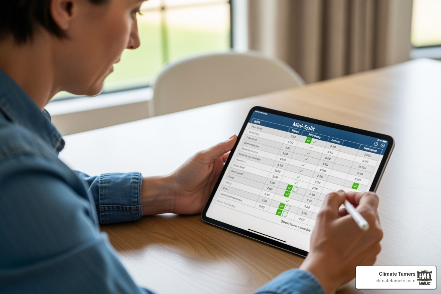 A person looking at a comparison chart of mini split features on a tablet. - best mini split brands