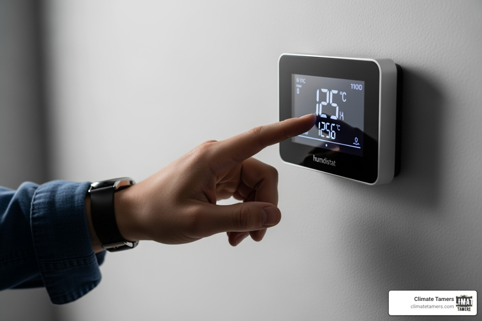 homeowner adjusting the settings on a modern wall-mounted humidistat - Whole house humidifier installation
