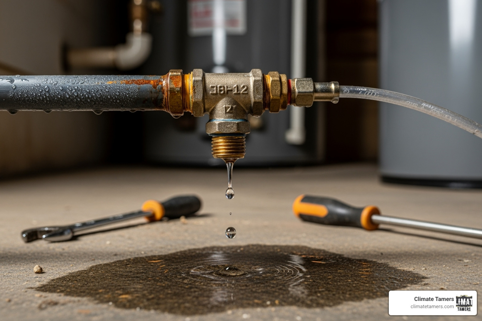 potential water leak from a poorly installed humidifier connection on a pipe - Whole house humidifier installation