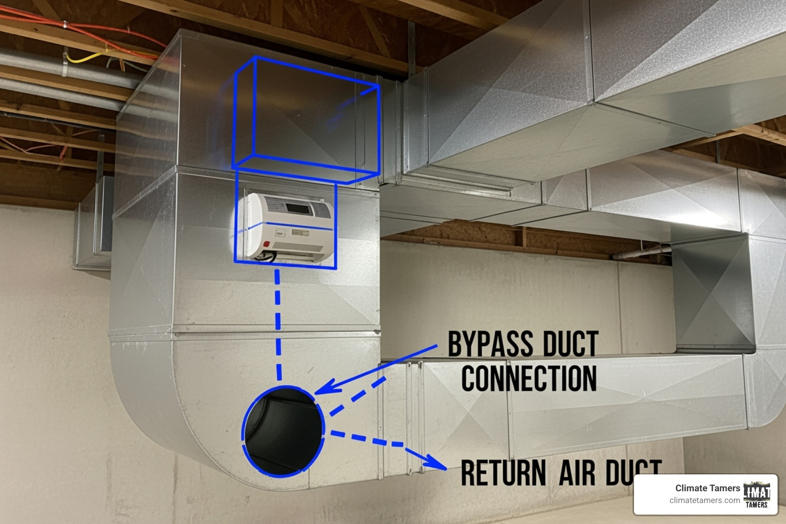 HVAC ductwork in a basement with markings for where the humidifier and bypass duct will be cut - Whole house humidifier installation