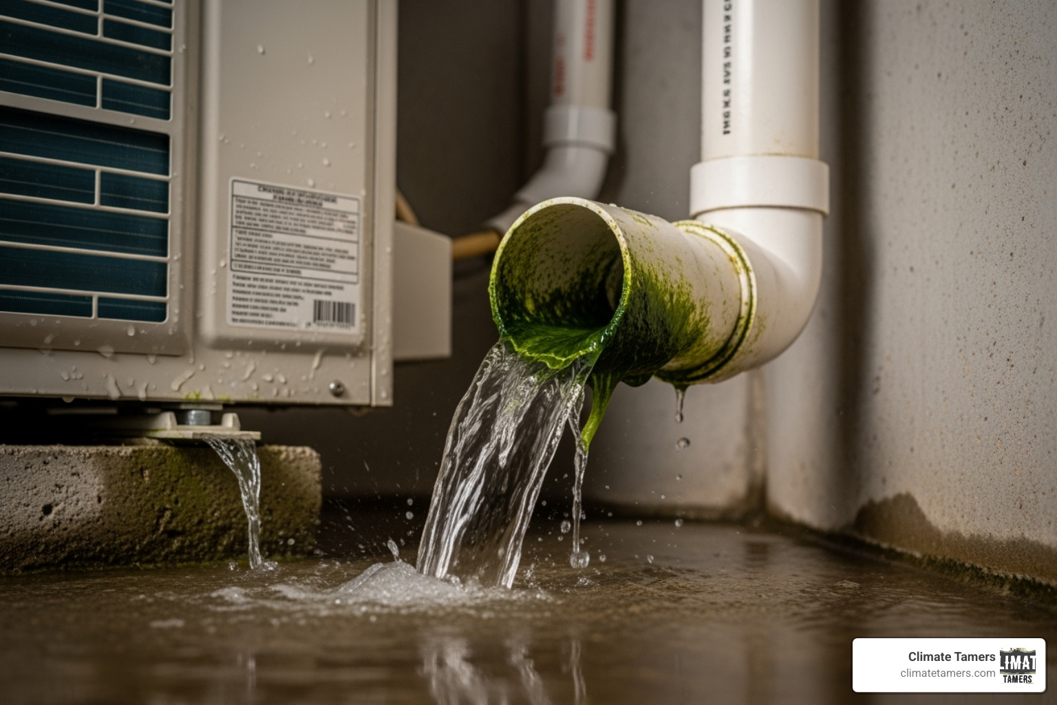 A clogged PVC drain pipe with algae buildup leading to an AC unit leaking water - ac unit leaking