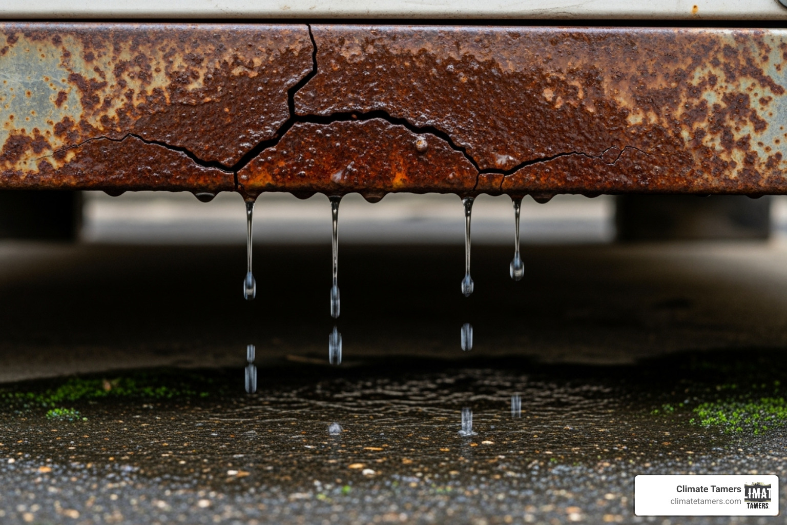 A rusted and cracked metal drain pan, indicating a common cause for an AC unit leaking water - ac unit leaking