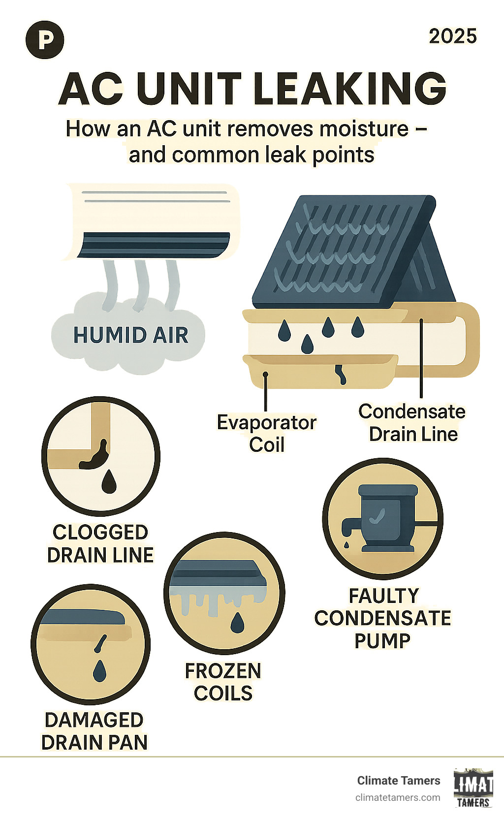 Infographic showing how an AC unit removes moisture from humid air through the evaporator coil, where water should drain through the condensate pan and drain line, with common leak points highlighted including clogged drain lines, damaged drain pans, frozen coils, and faulty condensate pumps - ac unit leaking infographic