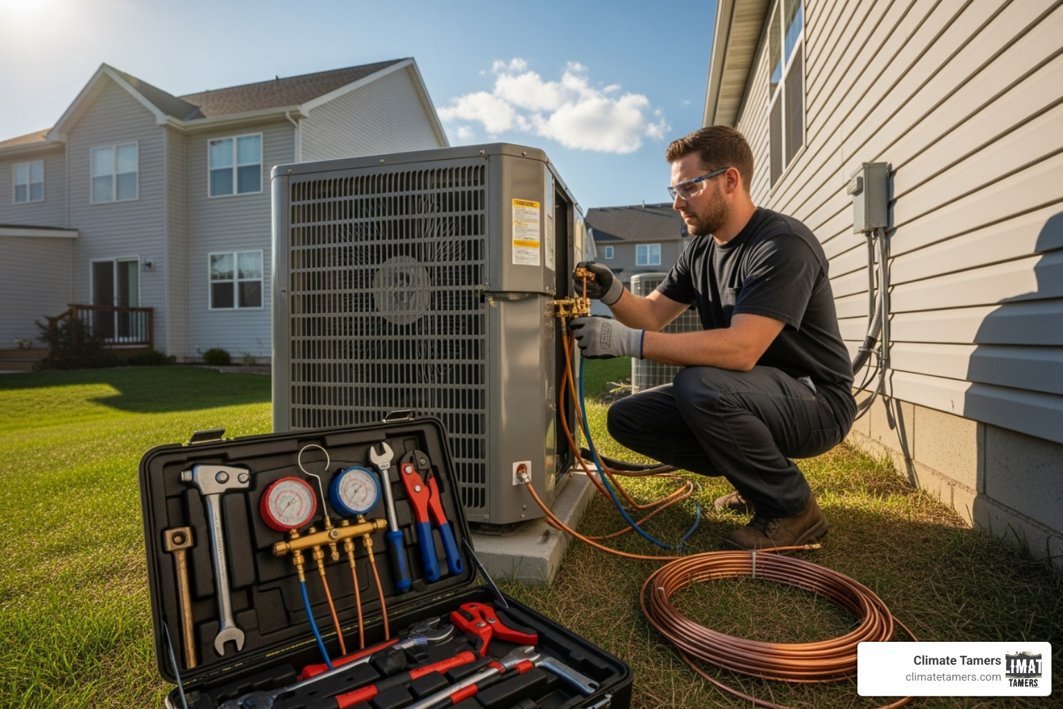 technician installing a new AC unit - ac replacement gretna la