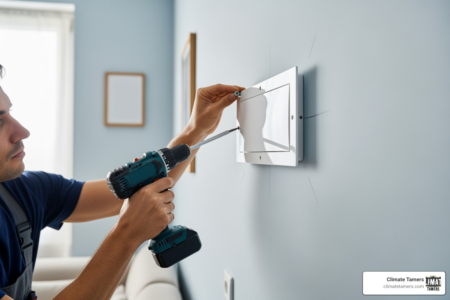 person mounting indoor unit's wall plate - Ductless AC installation