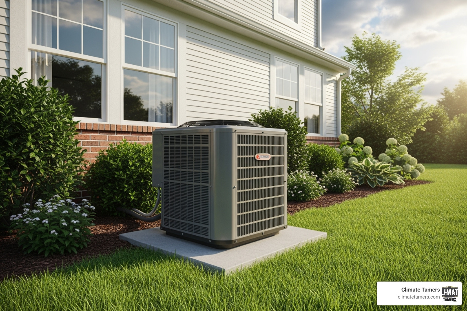 outdoor condenser unit placed on a concrete pad - Ductless AC installation