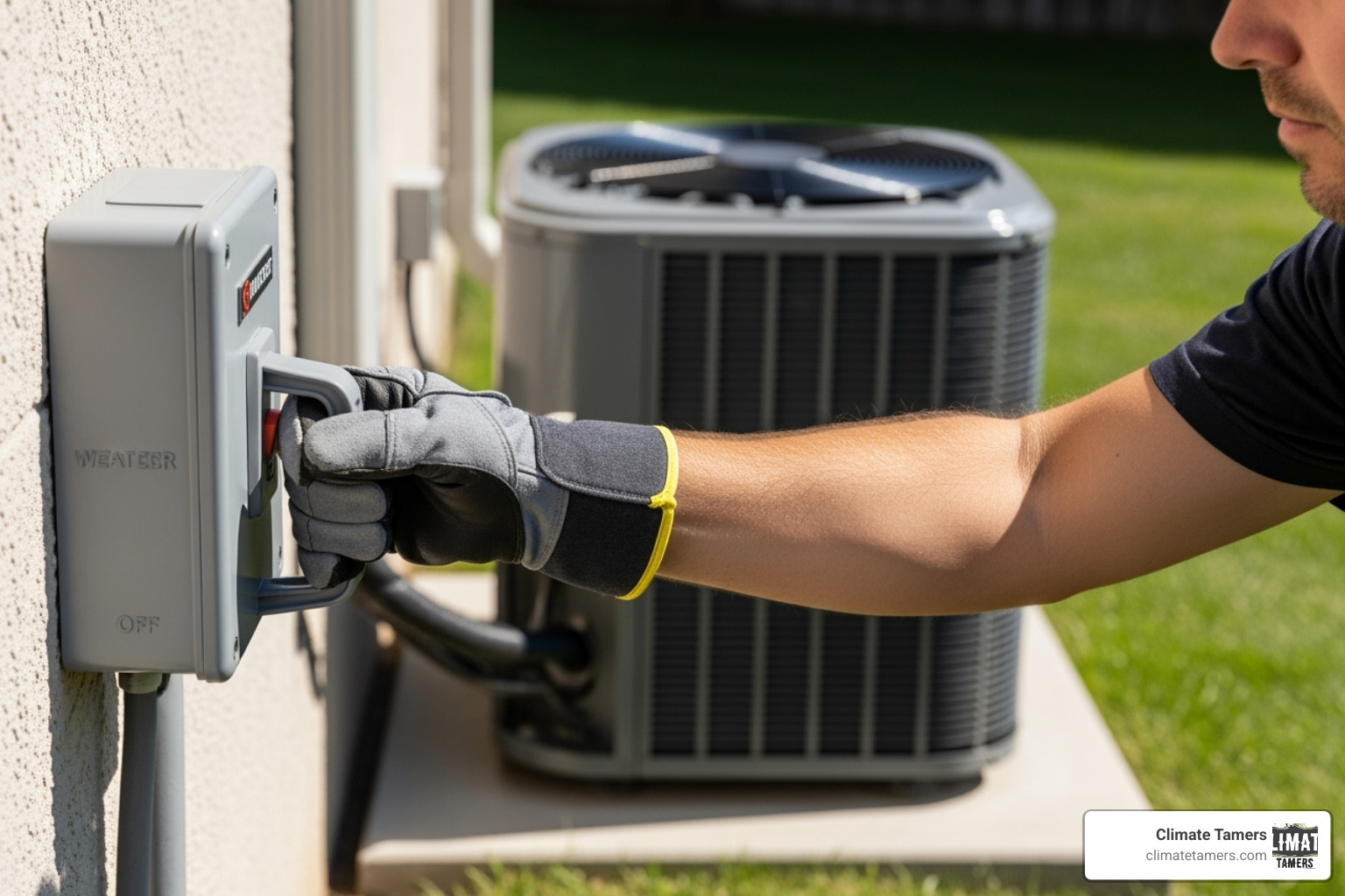 Person safely turning off power to AC unit - Condenser coil cleaning